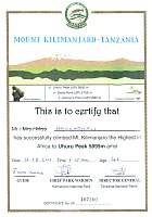 Urkunde zur Besteigung Uhuru Peak
